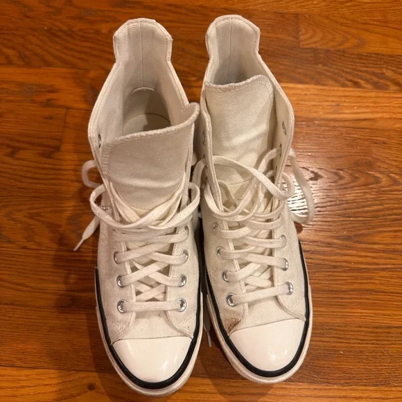 Converse Chuck Taylor high-tops in off-white with pearl detail. Lightly worn. - Picture 3 of 7